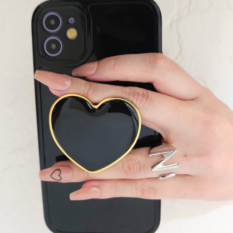 即納】iPhoneケース Black Heart Ot86 ハートグリップ付き ブラック シ