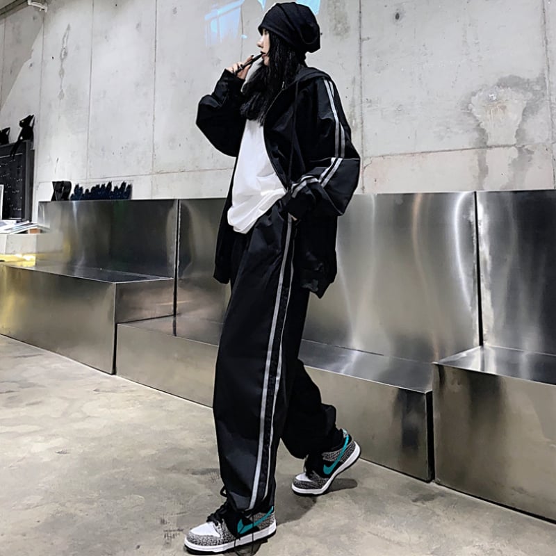 ブラックLサイズ即納】ジャージ ラインセットアップ フード 前開き