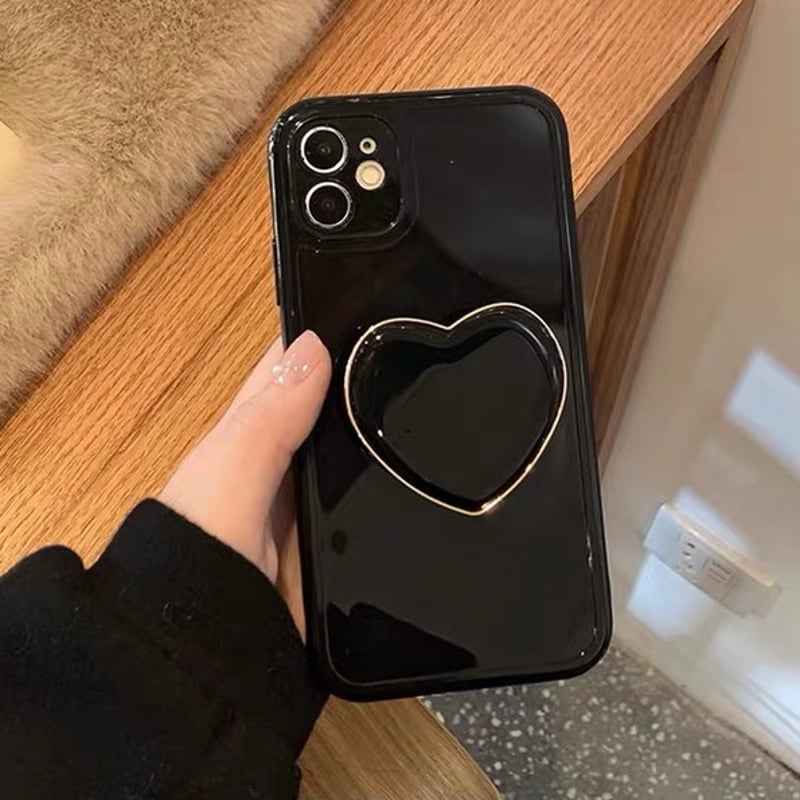 即納】iPhoneケース Black Heart Ot86 ハートグリップ付き ブラック シ