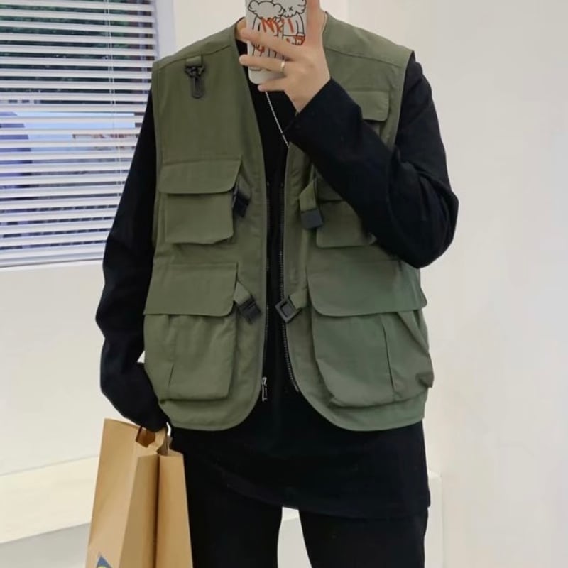 ブラックS即納】Pocket vest T268 多ポケットベスト | 韓国