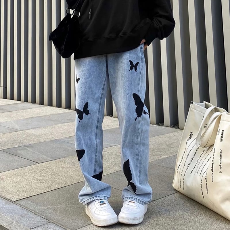XLサイズ即納】バタフライ 蝶 プリント デニム butterfly denim Pant