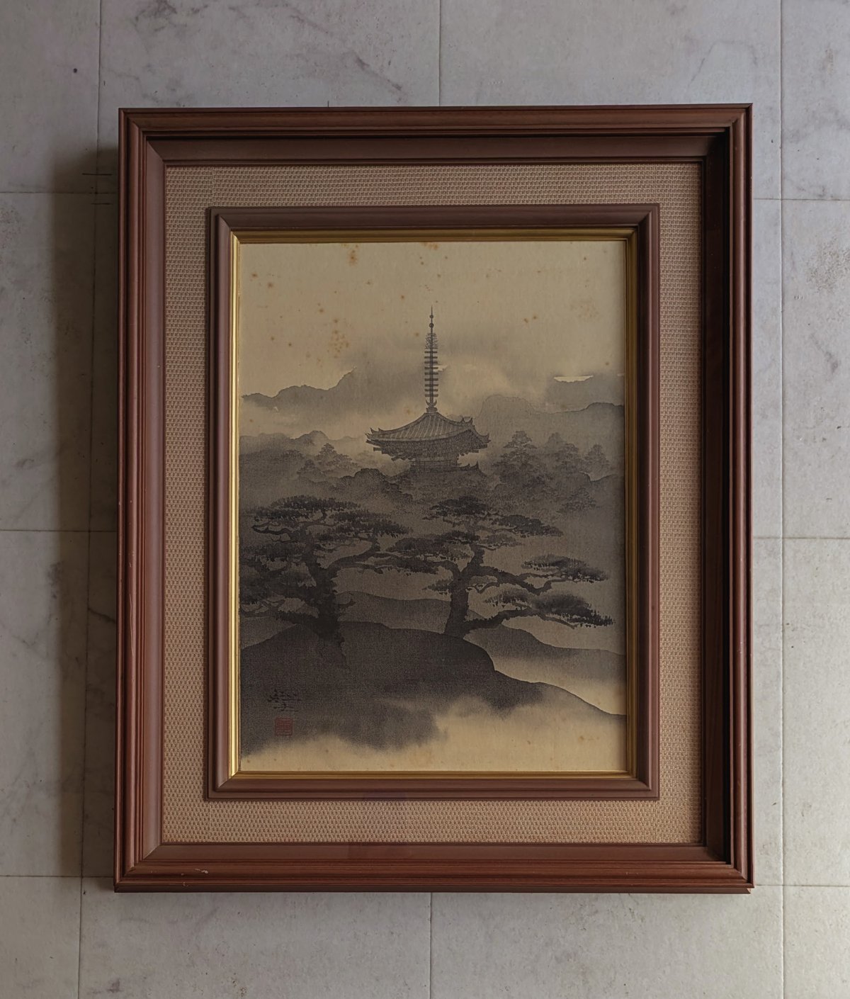 平川敏夫 日本画（水墨） 「塔境」 絹本 高級額装 落款・印譜 共シール