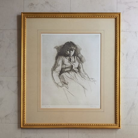 小磯良平　版画（エッチング）　「少女像」　高級額装　限定50部　自筆サイン