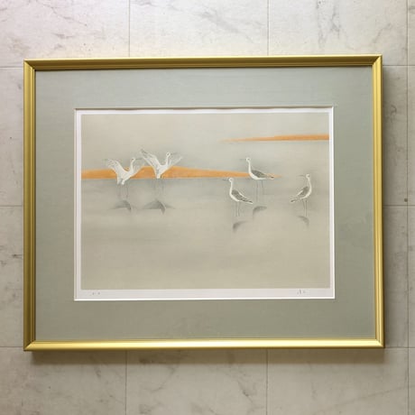 上村淳之　版画（リトグラフ）　「月の水辺」　作家保存版　自筆サイン　高級額装
