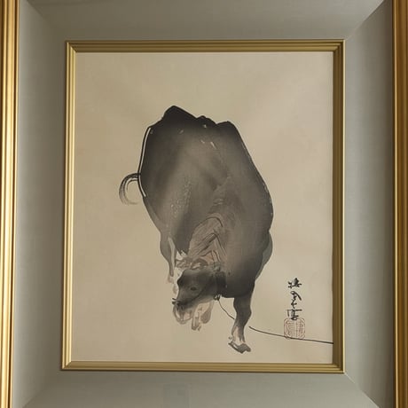 竹内栖鳳　版画（木版画）　「牛」　豪華・高級額装　芸艸堂　明治期彫