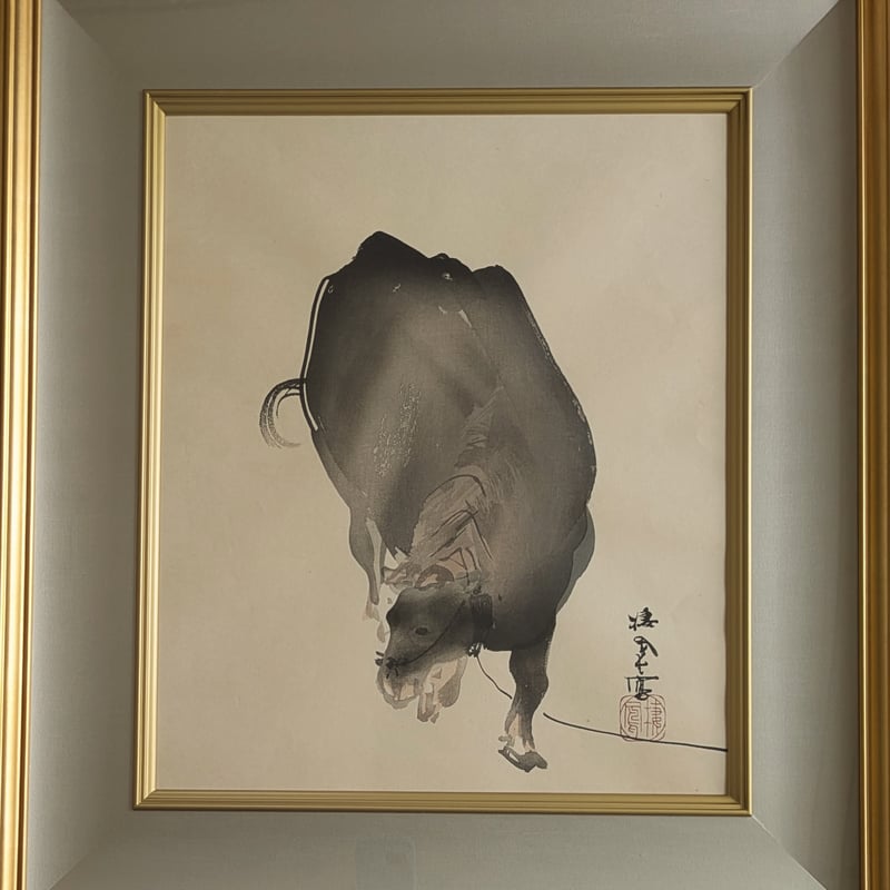 竹内栖鳳 版画（木版画） 「牛」 豪華・高級額装 芸艸堂 明治期