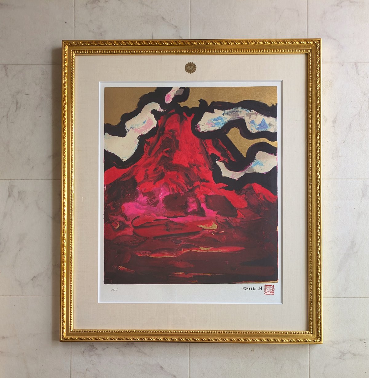 林 武 版画（リトグラフ） 「赤富士」 高級金縁額装 限定版