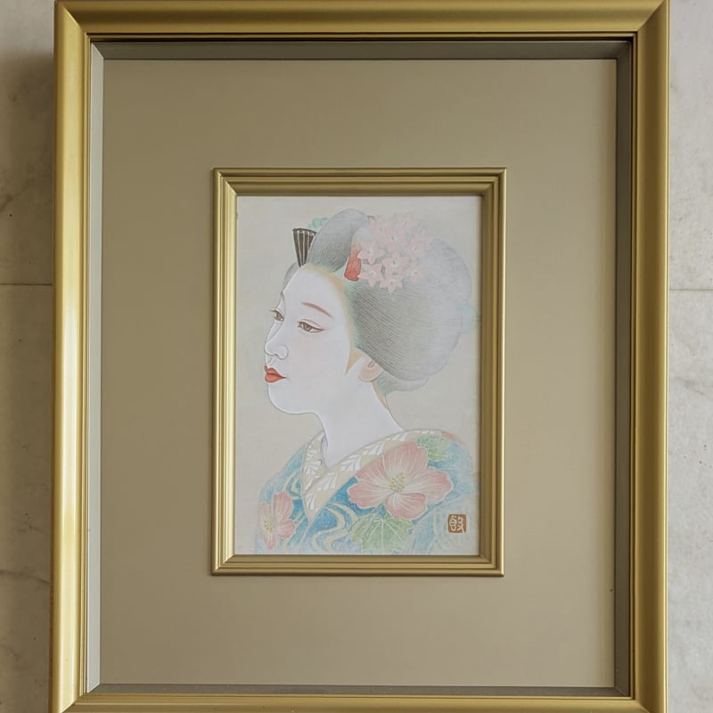 お値下げ❣️日本画 舞妓女性 金色フレーム 真作保証】三輪良平「舞妓」日本画12号 直筆サイン 共シール有り 美人 絵画
