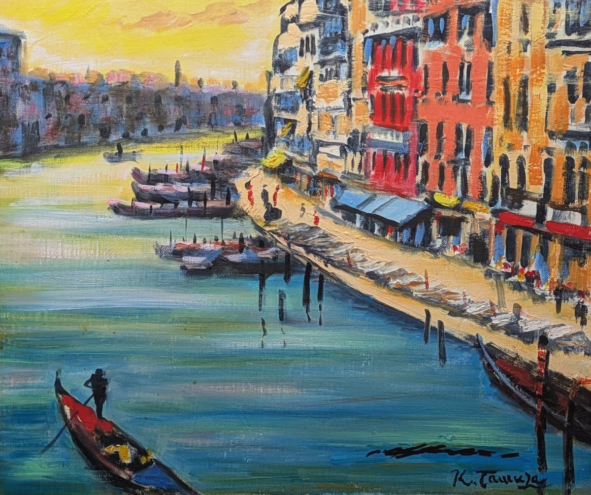 田村幸之介 油彩（油絵） 「ベネチア風景」 旧木製額装 サイン・裏書