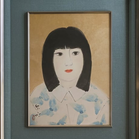 寺島紫明　日本画　「少女」　　ステンレス製・高級額装