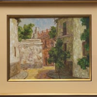 田辺栄次郎　油彩画　「スペイン　ゴルドバの街景」　サイン（名刺貼付）