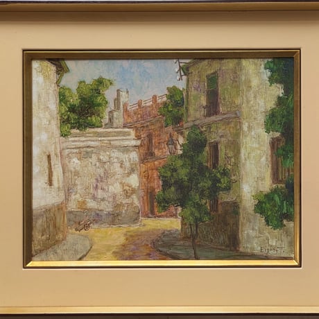 田辺栄次郎　油彩画　「スペイン　ゴルドバの街景」　サイン（名刺貼付）