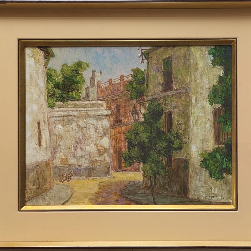 田辺栄次郎 油彩画 「スペイン ゴルドバの街景」 サイン(名刺 田辺栄次郎 油彩画 「スペイン ゴルドバの街景」 サイン(名刺