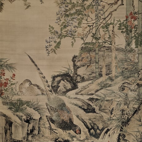 渡辺崋山　巧芸画　「野雉渓魚図」　　掛軸表装・桐箱入