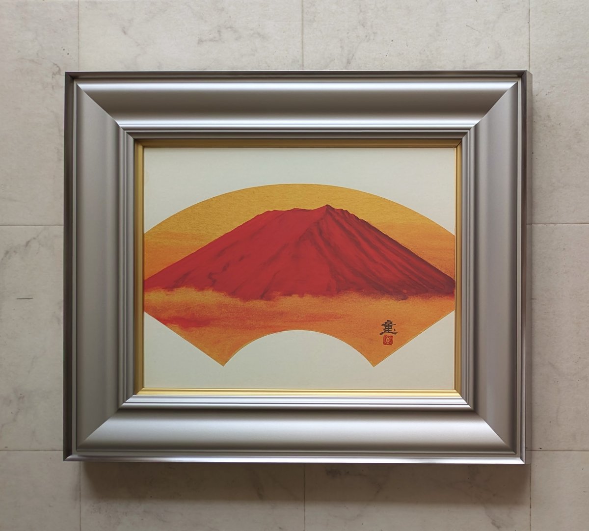 水戸 童 日本画 「扇面赤富士」 高級日本画額装 落款・印譜 美品 | ASE
