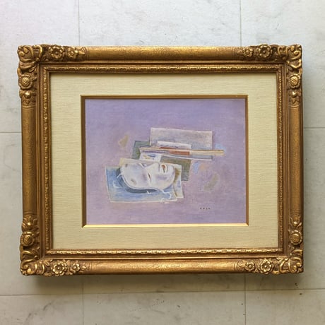 坂本繫二郎　陶板画　「女面と謡本」　高級・油彩画額装　鳴海製陶謹製