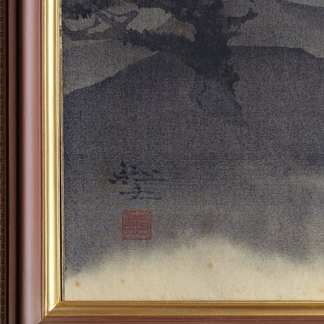 平川敏夫　日本画（水墨）　「塔境」　絹本　高級額装　落款・印譜　共シール