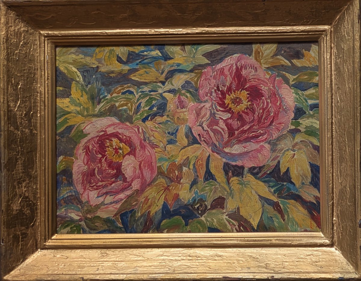 鈴木信太郎 油彩（油絵） 「ぼたん」 旧額装（ガラス・裏蓋無し） 印譜