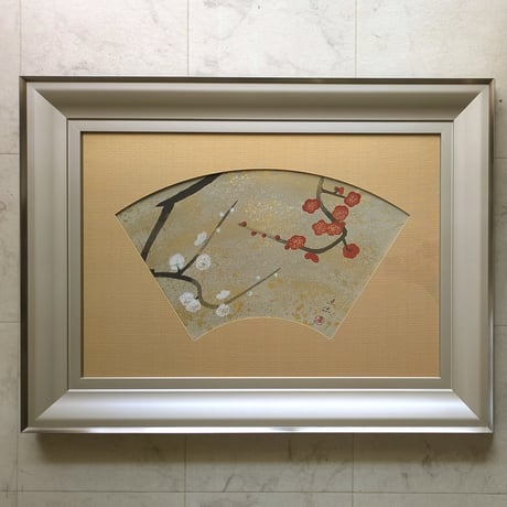 奥村土牛　版画（木版画）　「扇面紅白梅」　豪華・高級額装(美品）