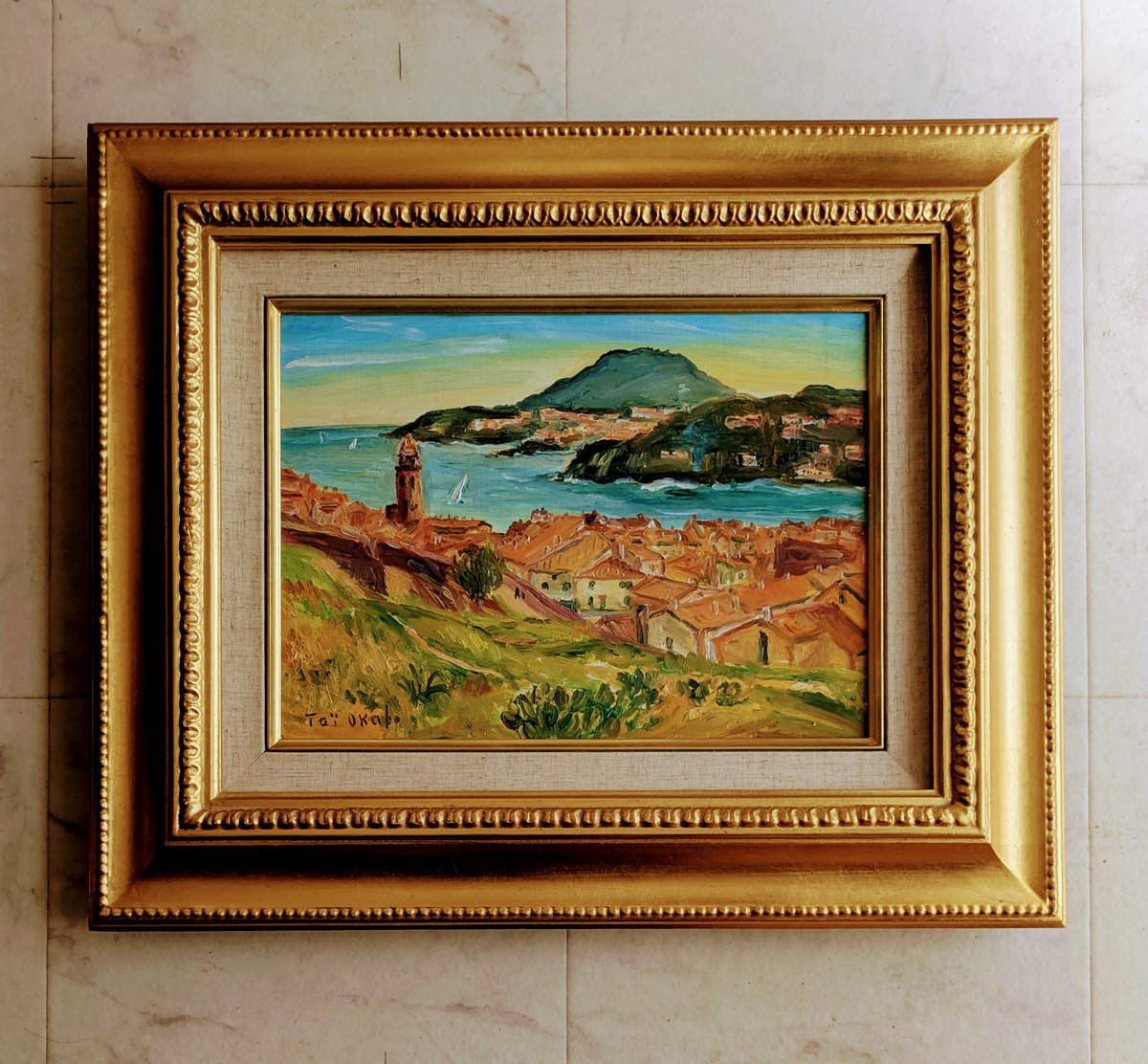 大久保泰 油彩画 「コリウール展望（南仏）」 高級額装・自筆裏書