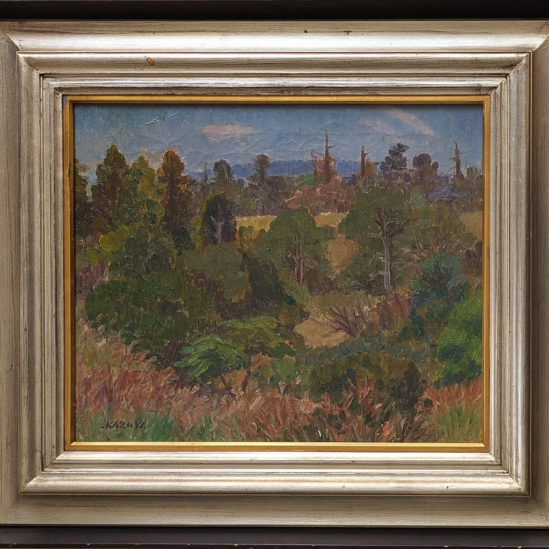 河上一也 油彩（油絵） 「秋の飛火野」 旧額装（裏蓋なし） 自筆