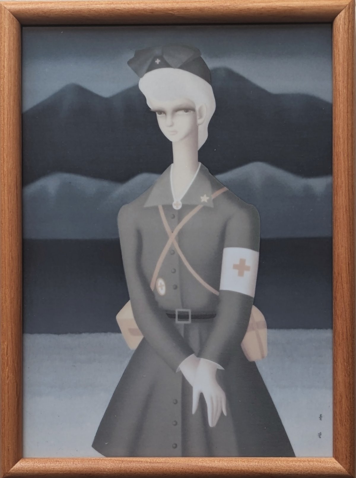 東郷青児3000部限定陶画『静かなるノラ』 東郷青児 陶板画 「ナース像」 木製額装 作品立て同封 版上サイン