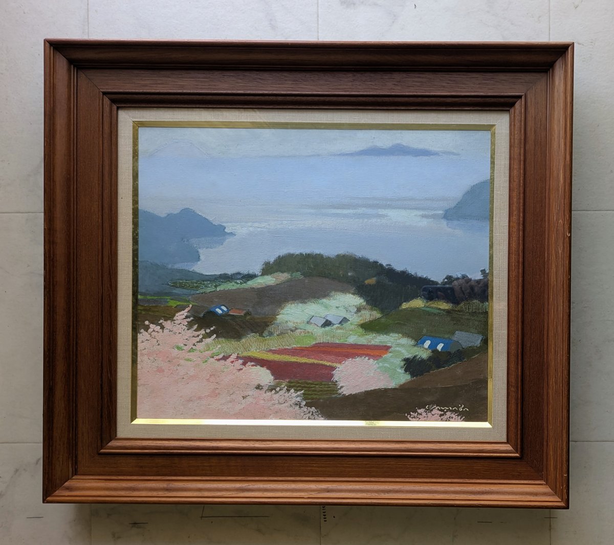 山羽斌士 油彩画 「湖畔の春」 高級油彩画額装 自筆裏書 | ASE