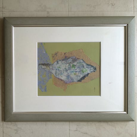横山泰三　油彩（コラージュ）　「さかな」　額装品