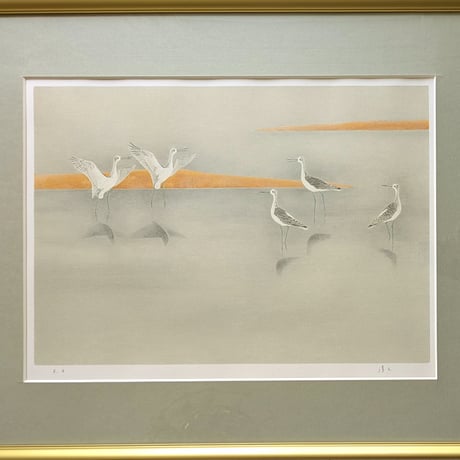 上村淳之　版画（リトグラフ）　「月の水辺」　作家保存版　自筆サイン　高級額装