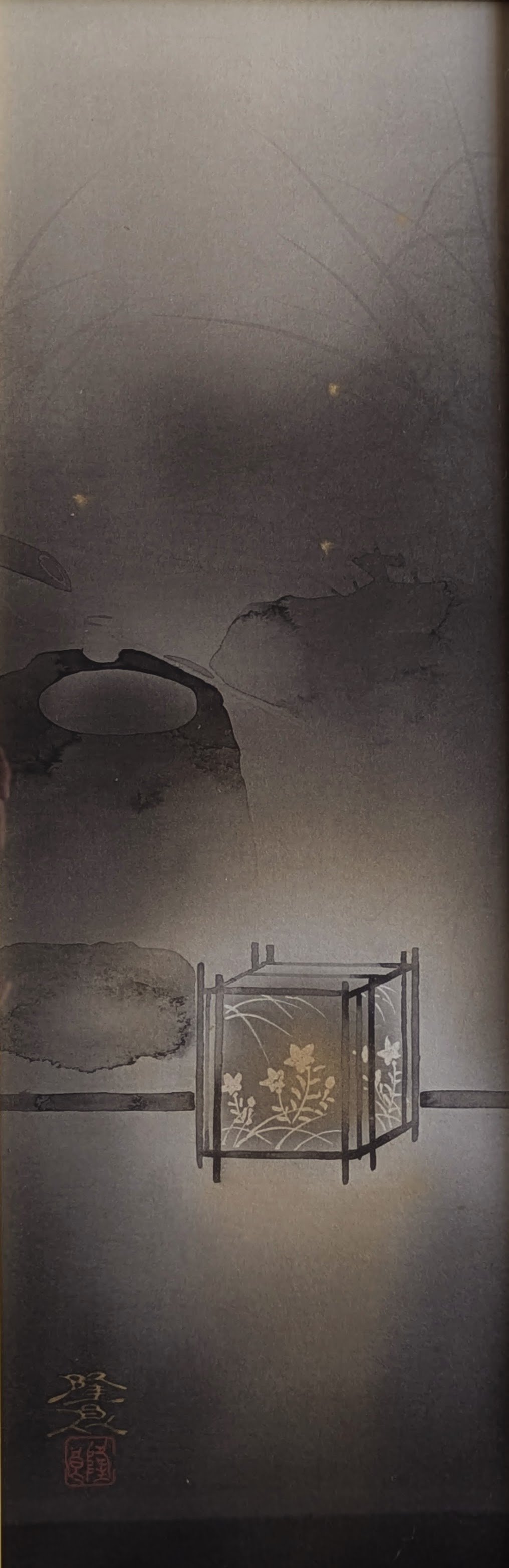 佐藤隆良 日本画（水墨・金泥） 「秋夜」 注文高級額装(美品） 落款