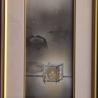 佐藤隆良　日本画（水墨・金泥）　「秋夜」　注文高級額装(美品）　落款・印譜　共シール