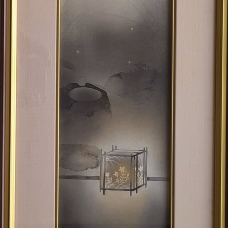 佐藤隆良　日本画（水墨・金泥）　「秋夜」　注文高級額装(美品）　落款・印譜　共シール