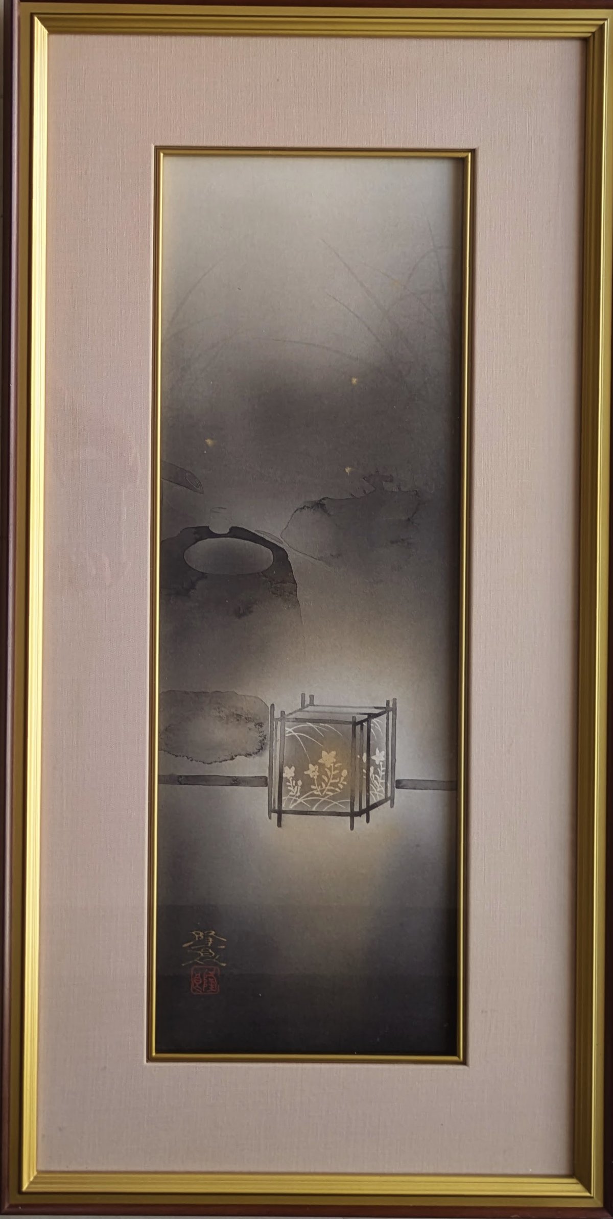 佐藤隆良 日本画（水墨・金泥） 「秋夜」 注文高級額装(美品） 落款