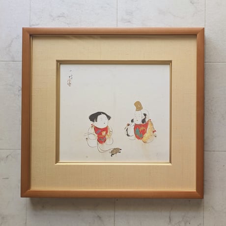 伊藤小坡　日本画　「御所人形（鶴と亀）」　豪華・高級額装　金泥仕様　落款・印譜