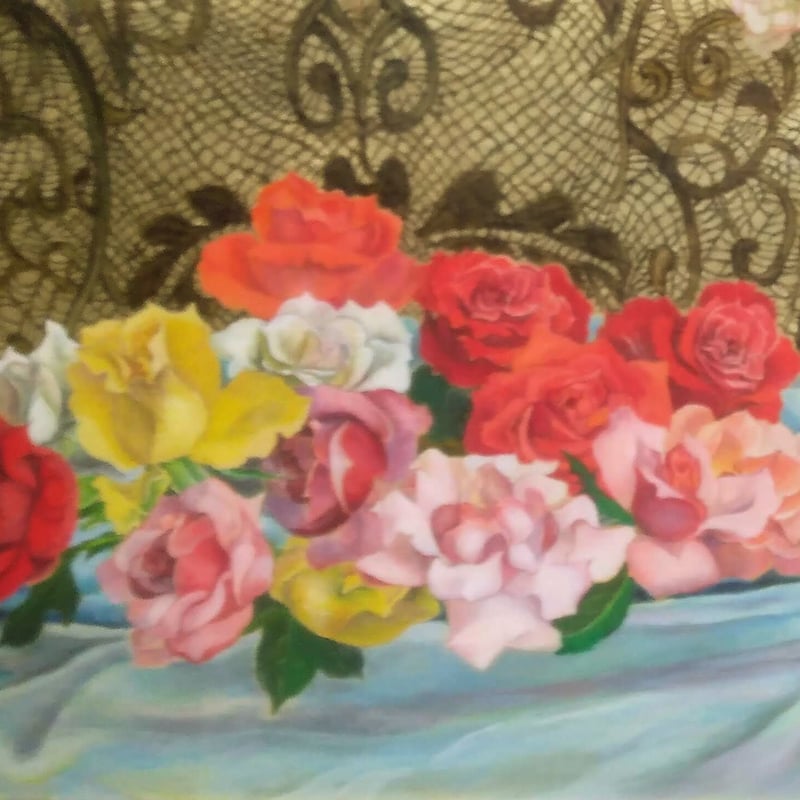 油絵　花　額装 野田好子 油彩（油絵） 「献花」 豪華・高級額装（共シール