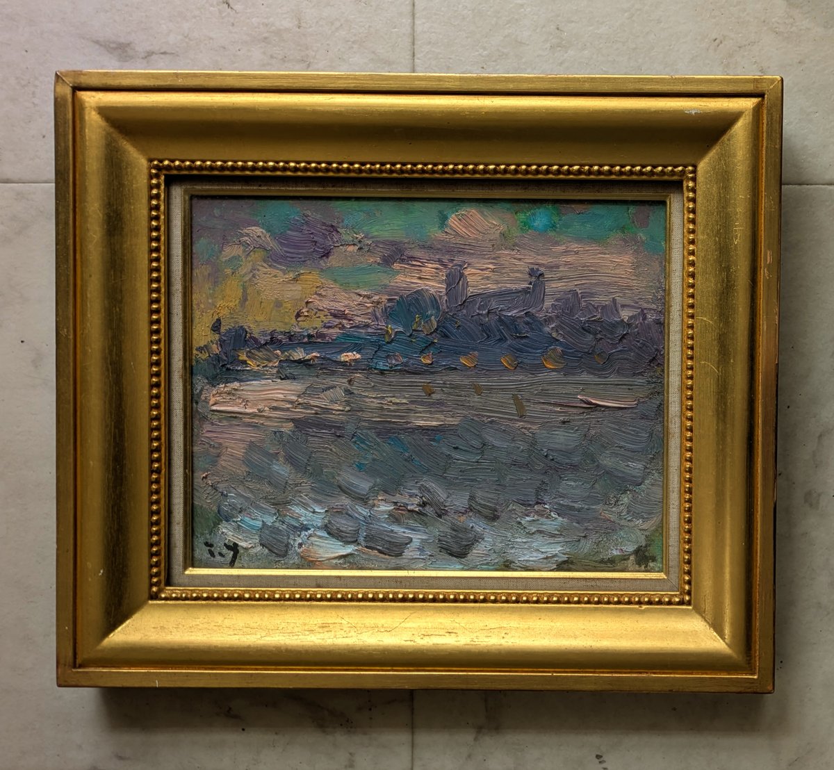 油絵【メトロ裏】YASUKO作  29 山下 充 油彩（油絵）「カンヌ」 金縁油彩額・裏書（画題署名製作年