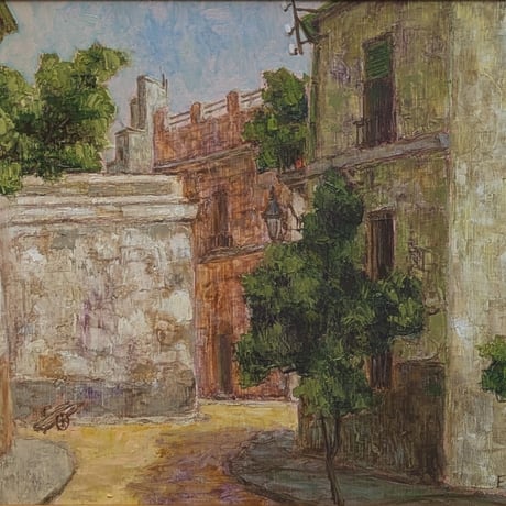 田辺栄次郎　油彩画　「スペイン　ゴルドバの街景」　サイン（名刺貼付）