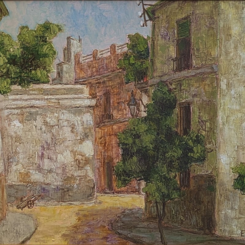 田辺栄次郎 油彩画 「スペイン ゴルドバの街景」 サイン(名刺 田辺栄次郎 油彩画 「スペイン ゴルドバの街景」 サイン(名刺