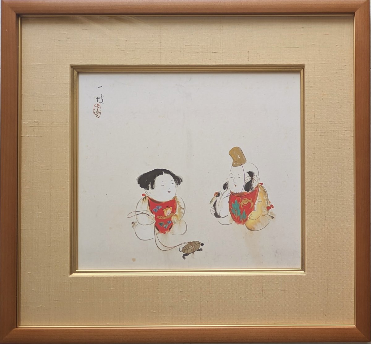 【 伊藤小坡 直筆『御所人形』】　絹本色紙　額装 伊藤小坡 『御所人形』】 直筆絹本 色紙額装 |サムライオークション