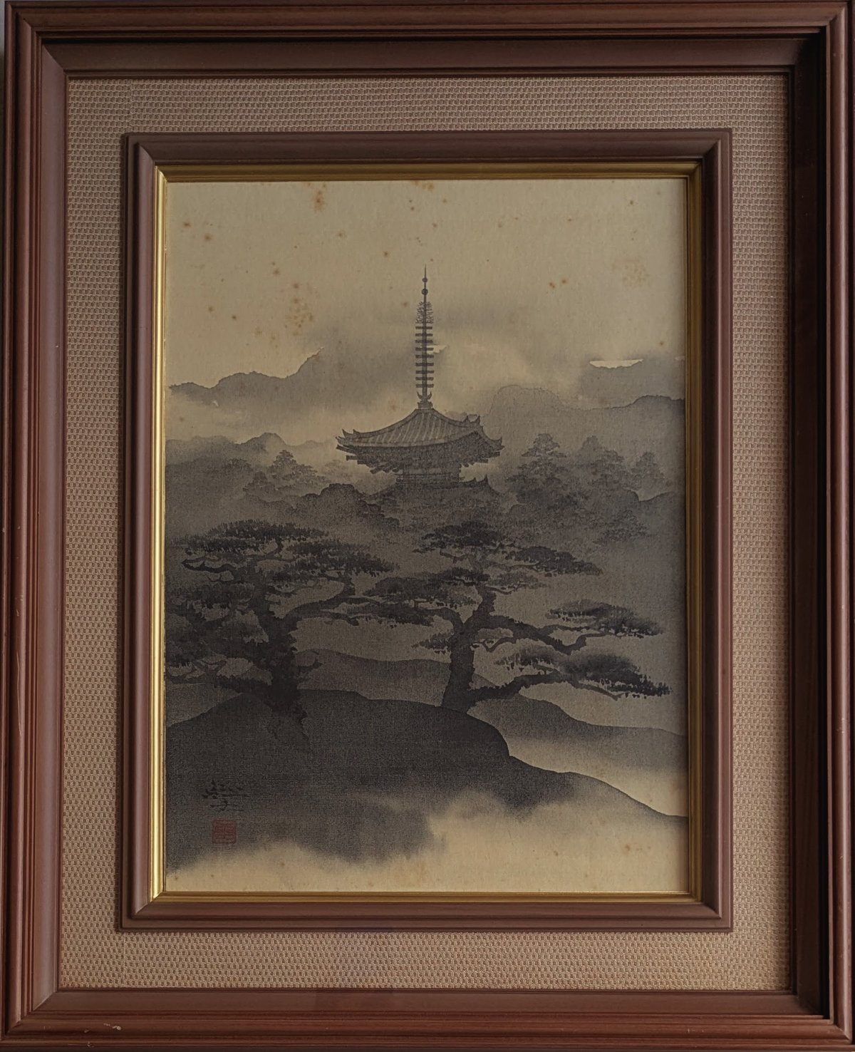 平川敏夫 日本画（水墨） 「塔境」 絹本 高級額装 落款・印譜 共シール