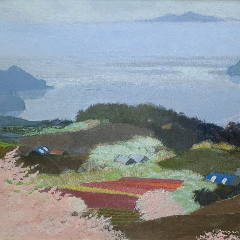 山羽斌士 油彩画 「湖畔の春」 高級油彩画額装 自筆裏書 | ASE