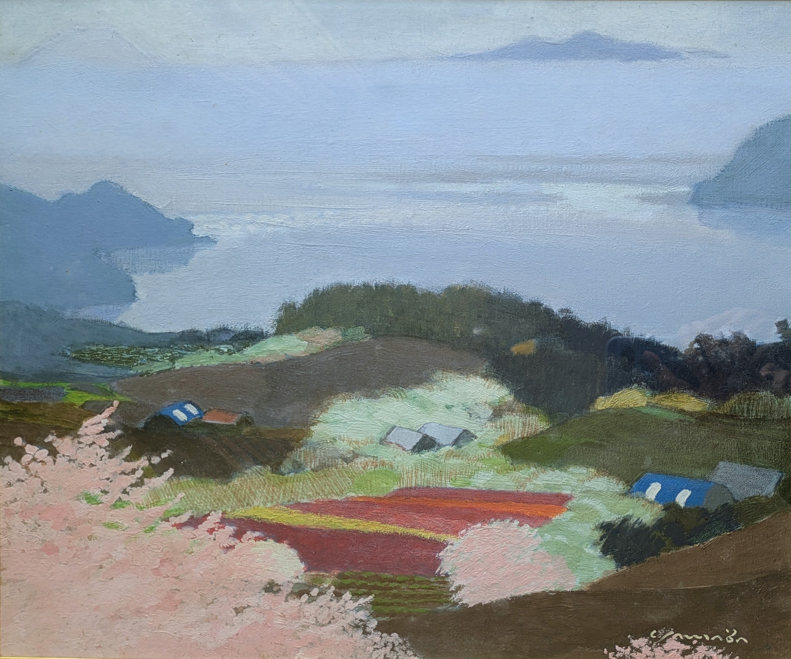 山羽斌士 油彩画 「湖畔の春」 高級油彩画額装 自筆裏書 | ASE