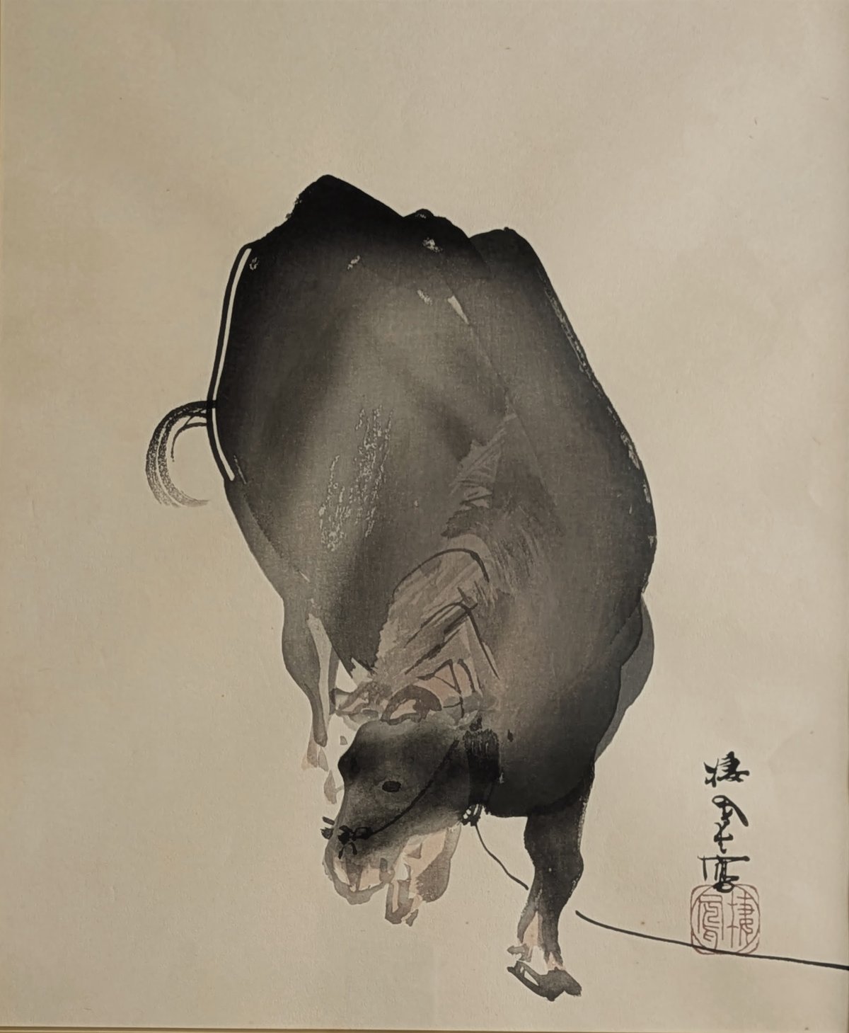 竹内栖鳳 版画（木版画） 「牛」 豪華・高級額装 芸艸堂 明治期