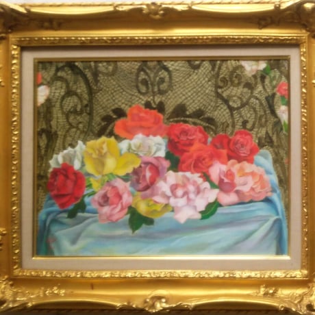 野田好子　油彩（油絵）　「献花」　　豪華・高級額装（共シール）