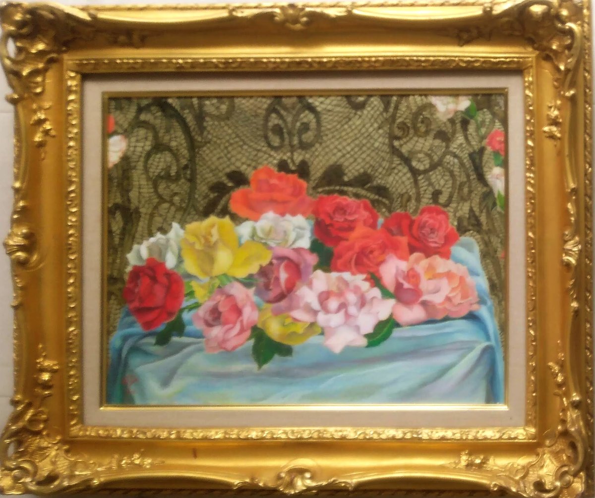 野田好子 油彩（油絵） 「献花」 豪華・高級額装（共シール