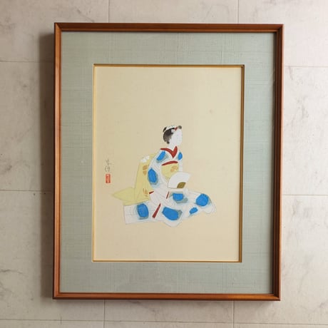土田麦僊　巧芸画（手彩色）　「京の女」　絹本・金泥・落款　　高級額装