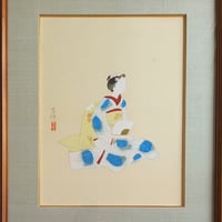 土田麦僊　巧芸画（手彩色）　「京の女」　絹本・金泥・落款　　高級額装