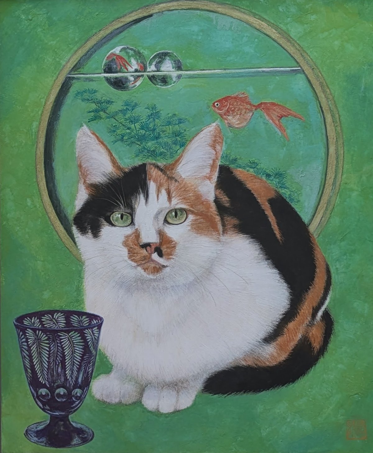 開運絵画　ねこ船　レア 船水徳雄 日本画 「深川桶栄」 共シール 高級額装（黄袋・タトウ箱