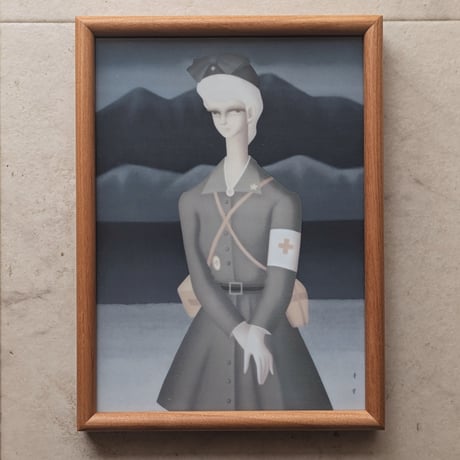 東郷青児　陶板画　「ナース像」　木製額装　作品立て同封　版上サイン