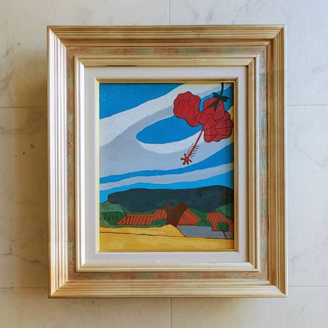 佐田　勝　油彩（ガラス絵）　「沖縄の浜」　　高級額装